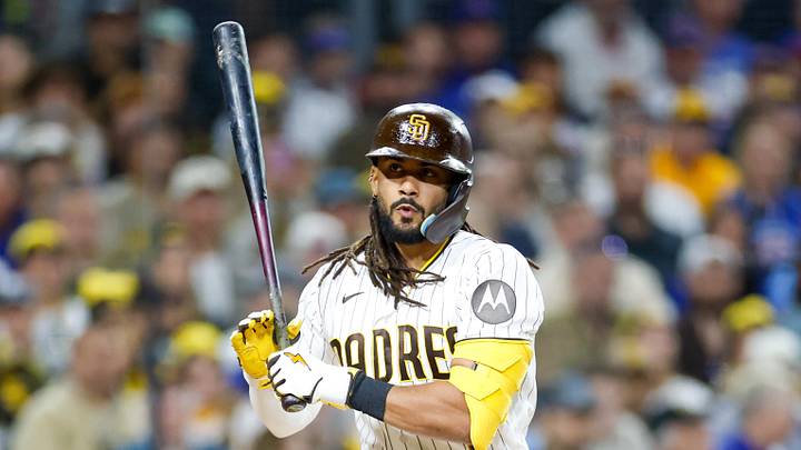 Apr 28, 2026; San Diego, California, USA; San Diego Padres second baseman Fernando Tatis Jr. (23) reacts after a ball call during the fifth inning against the Chicago Cubs at Petco Park. Mandatory Credit: David Frerker-Imagn Images
