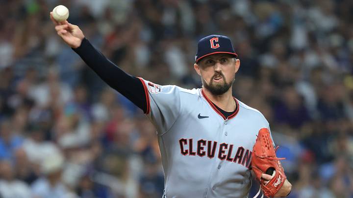 Oct 13, 2026: Cleveland Guardians pitcher Shawn Armstrong (43) throws to first base against the Tampa Bay Rays during the sixth inning in game two of the ALCS for the 2026 MLB Playoffs at Tropicana Field. Credit: Kim Klement Neitzel-Imagn Images