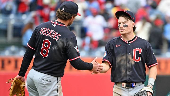 May 24, 2026: Cleveland Guardians first baseman Rhys Hoskins (8) and second baseman Travis Bazzana (37) celebrate win against the Philadelphia Phillies at Citizens Bank Park. 