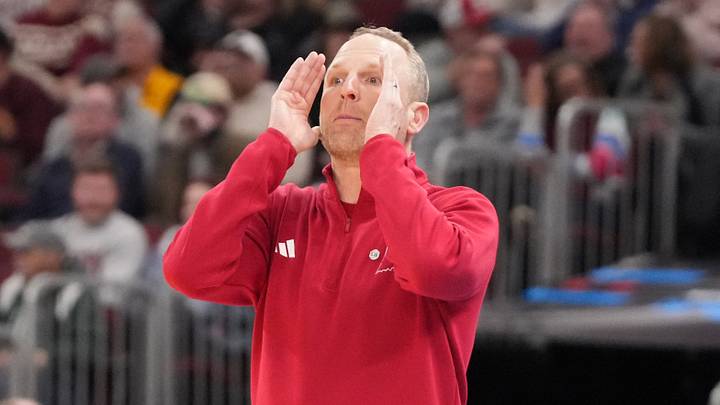 Mar 11, 2026; Chicago, IL, USA; Indiana Hoosiers head coach Darian Devries yells instructions to his team against the Northwestern Wildcats during the second half at United Center. Mandatory Credit: David Banks-Imagn Images