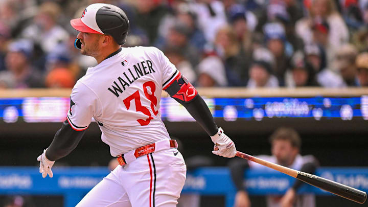 Apr 3, 2025; Minneapolis, Minnesota, USA;  Minnesota Twins outfielder Matt Wallner (38) hits a stand-up triple against the Houston Astros during the first inning at Target Field.