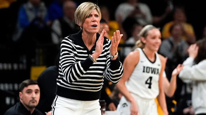 Iowa head coach Jan Jensen instructs her team Nov. 3, 2025 during a women’s college basketball game against the Southern Jaguars at Carver-Hawkeye Arena in Iowa City, Iowa.