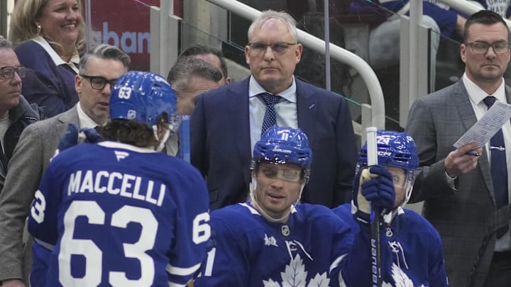 Jan 25, 2026; Toronto, Ontario, CAN; Toronto Maple Leafs head coach Craig Berube (center) during a break in the action against the Colorado Avalanche at Scotiabank Arena. Mandatory Credit: John E. Sokolowski-Imagn Images