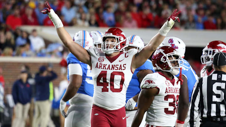 Oct 7, 2023; Oxford, Mississippi, USA; Arkansas Razorbacks defensive linemen Landon Jackson (40) reacts.