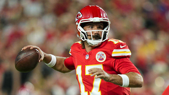 Kansas City Chiefs quarterback Gardner Minshew (17) throws a pass during the first half against the Chicago Bears at GEHA Field at Arrowhead Stadium. Kansas City Chiefs quarterback Gardner Minshew (17) throws a pass during the first half against the Chicago Bears at GEHA Field at Arrowhead Stadium.
