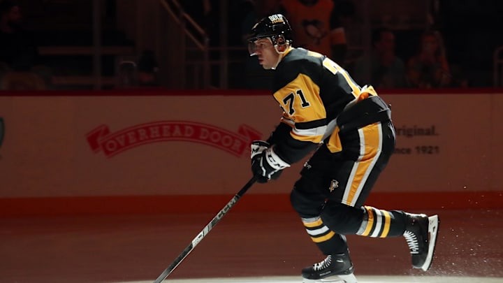 Dec 7, 2024; Pittsburgh, Pennsylvania, USA;  Pittsburgh Penguins center Evgeni Malkin (71) takes the ice against the Toronto Maple Leafs during the first period at PPG Paints Arena. Mandatory Credit: Charles LeClaire-Imagn Images