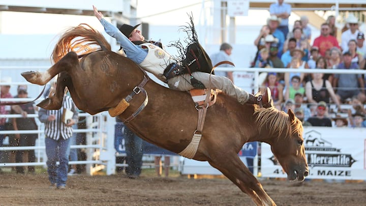 Jayco Roper from Oktaha, Okla, rides 514 Satin Doll in the bareback riding event Wednesday night, July 20, 2022, at the Pretty Prairie Rodeo.

Hut Pp Rodeo Gallery 34