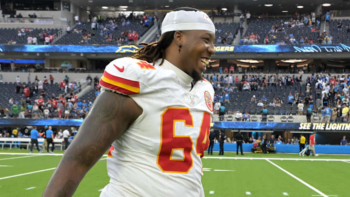 Sep 29, 2024; Inglewood, California, USA;  Kansas City Chiefs offensive tackle Wanya Morris (64) and Malik Herring (94) celebrate after defeating the Los Angeles Chargers at SoFi Stadium. Mandatory Credit: Jayne Kamin-Oncea-Imagn Images