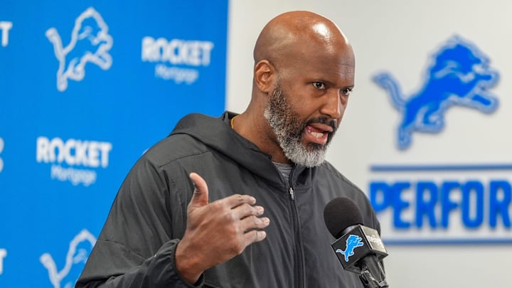 Detroit Lions Executive Vice President & General Manager Brad Holmes speaks to the press about their season, how it ended and what’s next at the Detroit Lions headquarters and training facility in Allen Park, Mich., Thursday, Jan. 23, 2025.