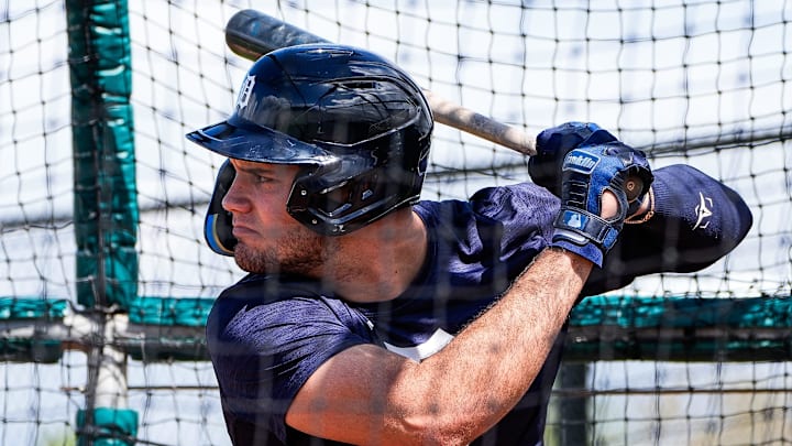 Detroit Tigers prospect Josue Briceño bats at practice during spring training at TigerTown in Lakeland on Friday, Feb. 20, 2025.
