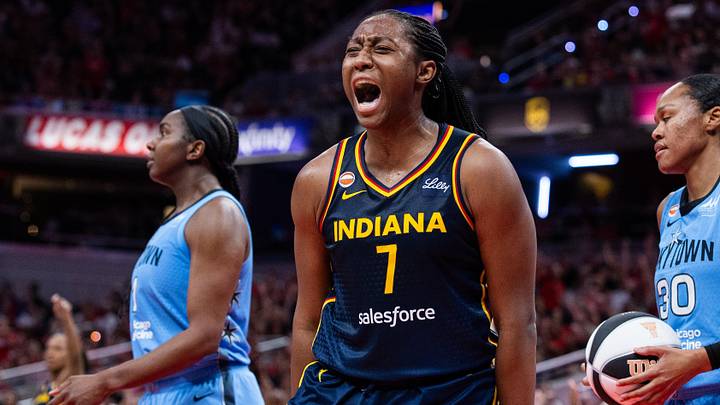 Jun 11, 2026; Indianapolis, Indiana, USA; Indiana Fever center-forward Aliyah Boston (7) reacts to a made shot in the second half against the Chicago Sky at Gainbridge Fieldhouse. Mandatory Credit: Trevor Ruszkowski-Imagn Images