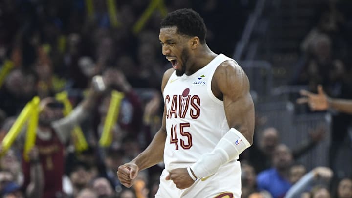 Apr 8, 2026; Cleveland, Ohio, USA; Cleveland Cavaliers guard Donovan Mitchell (45) celebrates in the third quarter against the Atlanta Hawks at Rocket Arena. Mandatory Credit: David Richard-Imagn Images