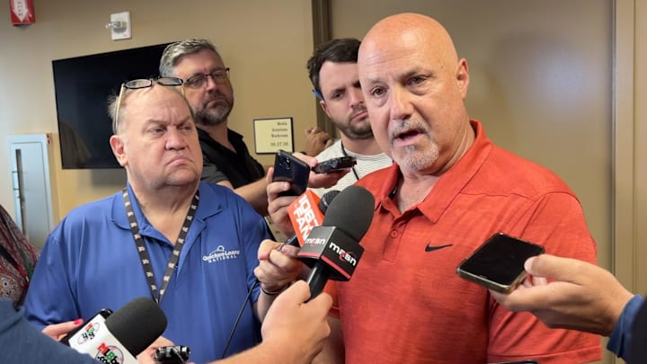 Aug 1, 2023; Washington, District of Columbia, USA; Washington Nationals general manager Mike Rizzo discusses the close of the trade window before the game against the Milwaukee Brewers at Nationals Park. Aug 1, 2023; Washington, District of Columbia, USA; Washington Nationals general manager Mike Rizzo discusses the close of the trade window before the game against the Milwaukee Brewers at Nationals Park.