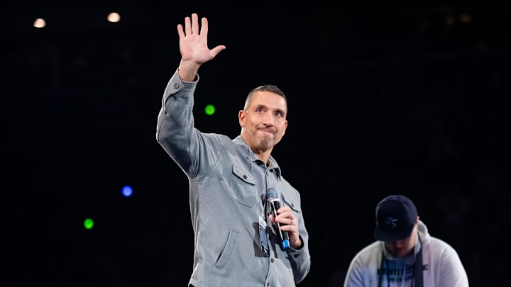 Penn State football coach Matt Campbell waves to the crowd during a Big Ten wrestling dual meet against Nebraska.