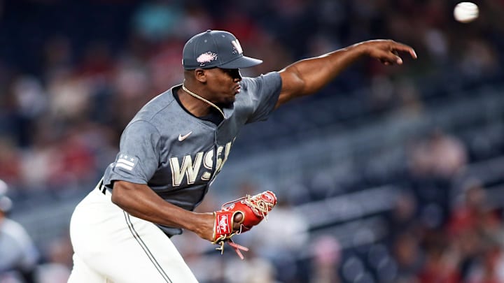 Sep 13, 2024; Washington, District of Columbia, USA; Washington Nationals pitcher Jose Ferrer (47) delivers a throw during the seventh inning against the Miami Marlins at Nationals Park. 