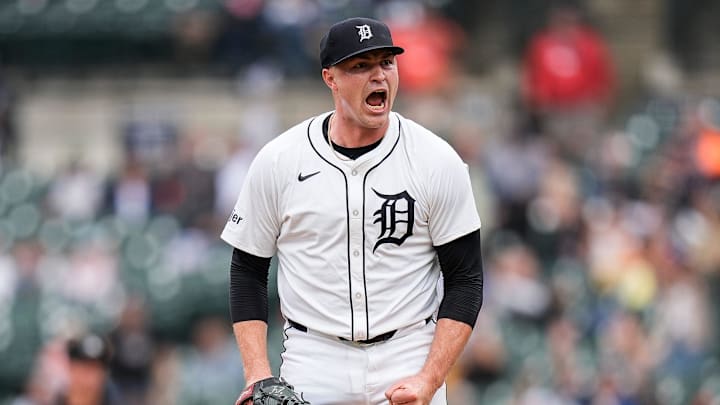 Detroit Tigers pitcher Tarik Skubal (29) celebrates after striking out Tampa Bay Rays left fielder Christopher Morel (24) during the seventh inning at Comerica Park in Detroit on Tuesday, Sept. 24, 2024.