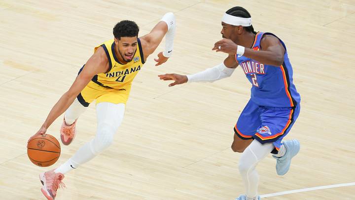 Jun 19, 2025; Indianapolis, Indiana, USA; Indiana Pacers guard Tyrese Haliburton (0) drives to the basket against Oklahoma City Thunder guard Shai Gilgeous-Alexander (2) in the first quarter during game six of the 2025 NBA Finals at Gainbridge Fieldhouse. Mandatory Credit: Trevor Ruszkowski-Imagn Images Jun 19, 2025; Indianapolis, Indiana, USA; Indiana Pacers guard Tyrese Haliburton (0) drives to the basket against Oklahoma City Thunder guard Shai Gilgeous-Alexander (2) in the first quarter during game six of the 2025 NBA Finals at Gainbridge Fieldhouse. Mandatory Credit: Trevor Ruszkowski-Imagn Images