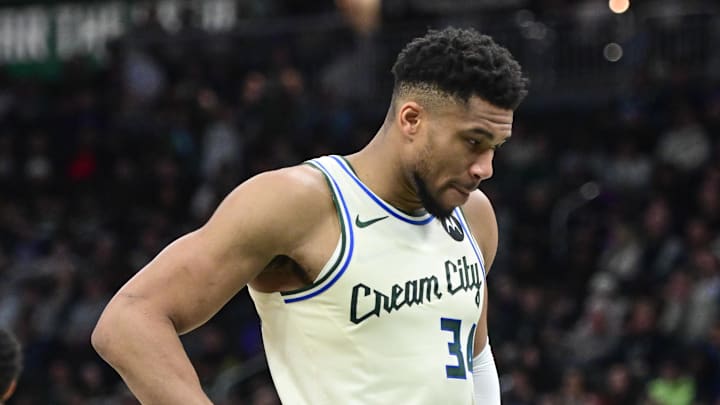 Jan 13, 2026; Milwaukee, Wisconsin, USA; Milwaukee Bucks forward Giannis Antetokounmpo (34) reacts in the second quarter against the Minnesota Timberwolves at Fiserv Forum. Mandatory Credit: Benny Sieu-Imagn Images