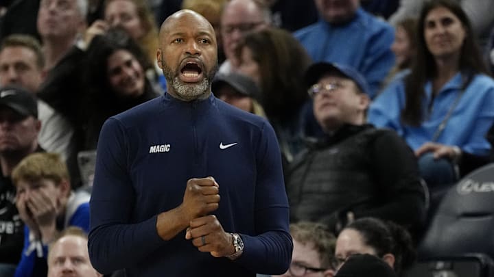 Mar 14, 2025; Minneapolis, Minnesota, USA; Orlando Magic head coach Jamahl Mosley directs his team against the Minnesota Timberwolves in the fourth quarter at Target Center. Mandatory Credit: Bruce Kluckhohn-Imagn Images Mar 14, 2025; Minneapolis, Minnesota, USA; Orlando Magic head coach Jamahl Mosley directs his team against the Minnesota Timberwolves in the fourth quarter at Target Center. Mandatory Credit: Bruce Kluckhohn-Imagn Images