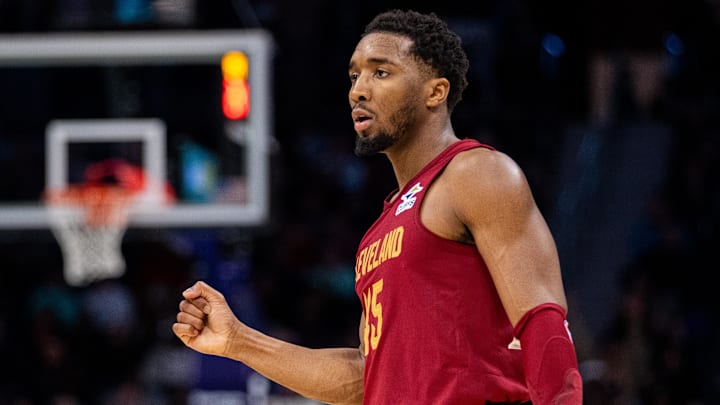 Mar 7, 2025; Charlotte, North Carolina, USA; Cleveland Cavaliers guard Donovan Mitchell (45) celebrates during the fourth quarter against the Charlotte Hornets at Spectrum Center. Mandatory Credit: Scott Kinser-Imagn Images