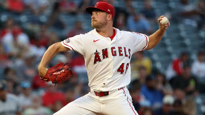 Sep 19, 2026; Anaheim, California, USA;  Los Angeles Angels pitcher Reid Detmers (48) pitches during the first inning against the Minnesota Twins at Angel Stadium. Mandatory Credit: Kiyoshi Mio-Imagn Images