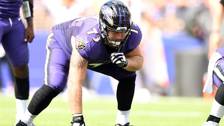 Sep 29, 2019; Baltimore, MD, USA;  Baltimore Ravens offensive guard Marshal Yanda (73) looks on during a football game against the Cleveland Browns in the second quarter at M&T Bank Stadium. Mandatory Credit: Mitchell Layton-Imagn Images