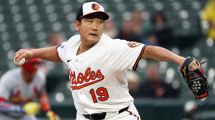 May 27, 2025; Baltimore, Maryland, USA; Baltimore Orioles pitcher Tomoyuki Sugano (19) throws during the first inning against the St. Louis Cardinals at Oriole Park at Camden Yards. 