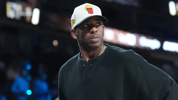 Chris Paul watches during the NBA Cup semifinals game between the Spurs and Thunder in Las Vegas.