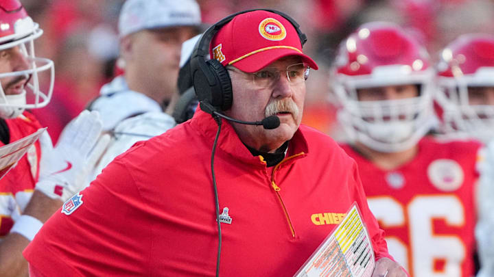 Nov 10, 2024; Kansas City, Missouri, USA; Kansas City Chiefs head coach Andy Reid watches play against the Denver Broncos during the second half at GEHA Field at Arrowhead Stadium. Mandatory Credit: Denny Medley-Imagn Images