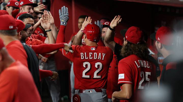 Aug 22, 2026; Phoenix, Arizona, USA; Cincinnati Reds outfielder JJ Bleday (22) high fives the dugout after hitting a home run for the cycle against the Arizona Diamondbacks in the sixth inning at Chase Field. Mandatory Credit: Anna Carrington-Imagn Images Aug 22, 2026; Phoenix, Arizona, USA; Cincinnati Reds outfielder JJ Bleday (22) high fives the dugout after hitting a home run for the cycle against the Arizona Diamondbacks in the sixth inning at Chase Field. Mandatory Credit: Anna Carrington-Imagn Images