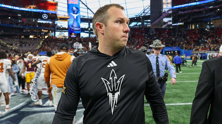 Jan 1, 2025; Atlanta, GA, USA; Arizona State Sun Devils head coach Kenny Dillingham walks off the field after a loss to the Texas Longhorns in the Peach Bowl at Mercedes-Benz Stadium. Mandatory Credit: Brett Davis-Imagn Images