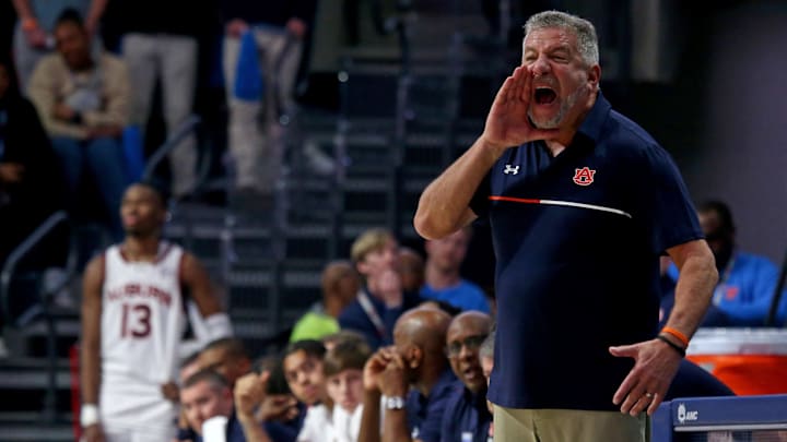 Feb 1, 2025; Oxford, Mississippi, USA; Auburn Tigers head coach Bruce Pearl reacts during the second half against the Mississippi Rebels at The Sandy and John Black Pavilion at Ole Miss. Mandatory Credit: Petre Thomas-Imagn Images