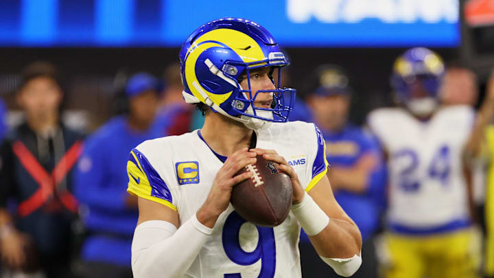 Nov 23, 2025; Inglewood, California, USA; Los Angeles Rams quarterback Matthew Stafford (9) looks to pass the ball against the Tampa Bay Buccaneers during the second quarter at SoFi Stadium. Mandatory Credit: Kiyoshi Mio-Imagn Images