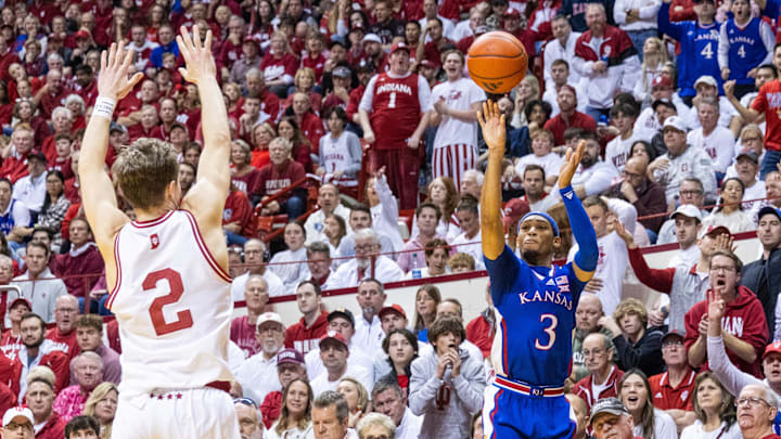 Dec 16, 2023; Bloomington, Indiana, USA; Kansas Jayhawks guard Dajuan Harris Jr. (3)  shoots the