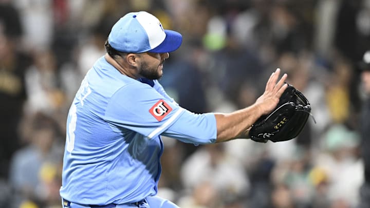 Jun 20, 2025; San Diego, California, USA; Kansas City Royals relief pitcher Carlos Estevez (53) celebrates after the Royals beat the San Diego Padres 6-5 at Petco Park. Mandatory Credit: Denis Poroy-Imagn Images