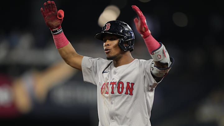 Jun 18, 2024; Toronto, Ontario, CAN; Boston Red Sox shortstop Ceddanne Rafaela (43) reacts after hitting an RBI single against the Toronto Blue Jays during the eighth inning at Rogers Centre. Mandatory Credit: John E. Sokolowski-USA TODAY Sports
