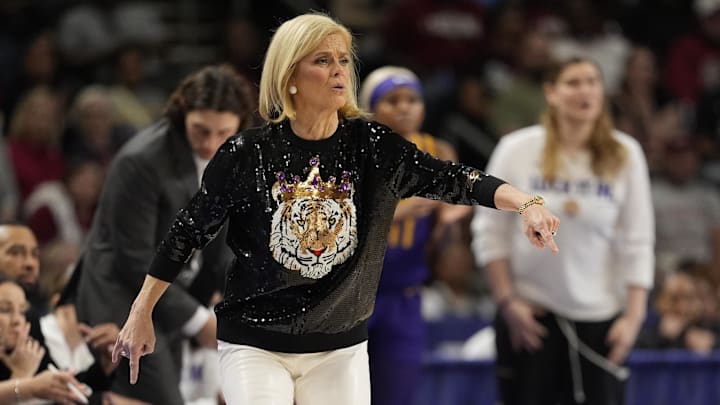 Mar 7, 2026; Greenville, SC, USA; Louisiana State Tigers head coach Kim Mulkey reacts to a call  during the second half against the South Carolina Gamecocks at Bon Secours Wellness Arena. Mandatory Credit: Jim Dedmon-Imagn Images
