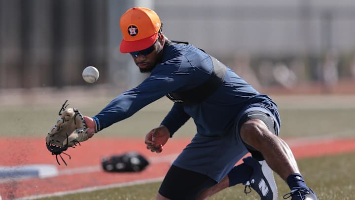 Feb 14, 2025; West Palm Beach, FL, USA; Houston Astros infielder Brice Matthews (86) works out during spring training at CACTI Park of the Palm Beaches. Feb 14, 2025; West Palm Beach, FL, USA; Houston Astros infielder Brice Matthews (86) works out during spring training at CACTI Park of the Palm Beaches.