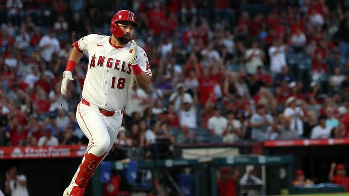 Aug 14, 2026; Anaheim, California, USA; Los Angeles Angels first baseman Nolan Schanuel (18) runs to first base after hitting an RBI single during the third inning against the Kansas City Royals at Angel Stadium. Mandatory Credit: Kiyoshi Mio-Imagn Images Aug 14, 2026; Anaheim, California, USA; Los Angeles Angels first baseman Nolan Schanuel (18) runs to first base after hitting an RBI single during the third inning against the Kansas City Royals at Angel Stadium. Mandatory Credit: Kiyoshi Mio-Imagn Images