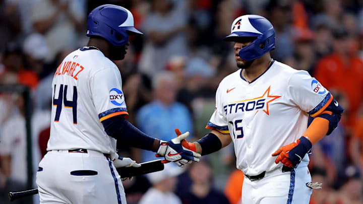 Apr 13, 2025; Houston, Texas, USA; Houston Astros third baseman Isaac Paredes (15) is congratulated by Houston Astros designated hitter Yordan Alvarez (44) after hitting a three run home run to left field against the Los Angeles Angels during the second inning at Daikin Park. Apr 13, 2025; Houston, Texas, USA; Houston Astros third baseman Isaac Paredes (15) is congratulated by Houston Astros designated hitter Yordan Alvarez (44) after hitting a three run home run to left field against the Los Angeles Angels during the second inning at Daikin Park.
