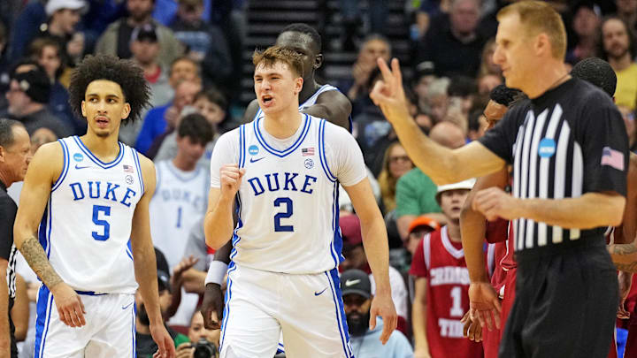 Mar 29, 2025; Newark, NJ, USA; Duke Blue Devils forward Cooper Flagg (2) celebrates after a play during the first half against the Alabama Crimson Tide in the East Regional final of the 2025 NCAA tournament at Prudential Center. Mandatory Credit: Robert Deutsch-Imagn Images