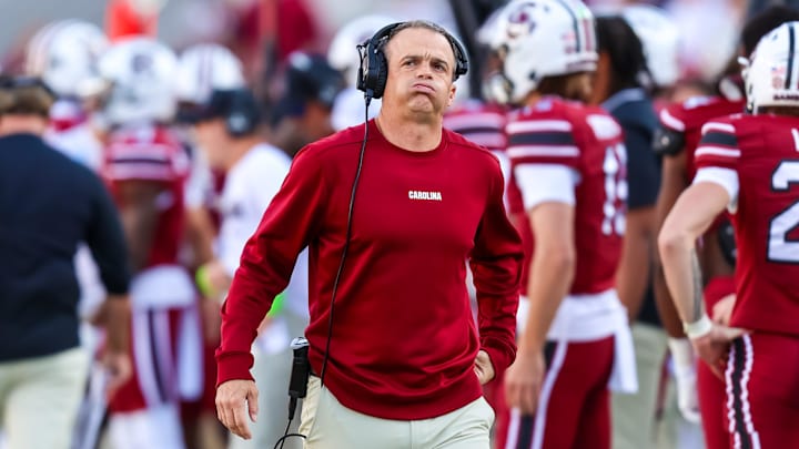 Oct 25, 2025; Columbia, South Carolina, USA; South Carolina Gamecocks head coach Shane Beamer reacts to a play against the Alabama Crimson Tide in the second quarter at Williams-Brice Stadium. Mandatory Credit: Jeff Blake-Imagn Images Oct 25, 2025; Columbia, South Carolina, USA; South Carolina Gamecocks head coach Shane Beamer reacts to a play against the Alabama Crimson Tide in the second quarter at Williams-Brice Stadium. Mandatory Credit: Jeff Blake-Imagn Images