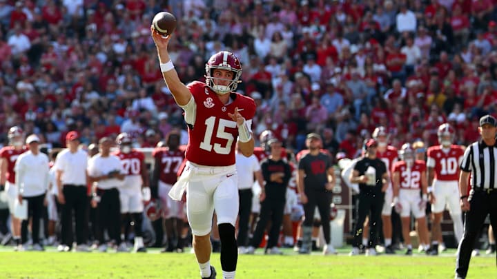 Nov 22, 2025; Tuscaloosa, Alabama, USA; Alabama Crimson Tide quarterback Ty Simpson (15) passes the ball during the first half against the Eastern Illinois Panthers at Saban Field at Bryant-Denny Stadium. Mandatory Credit: David Leong-Imagn Images Nov 22, 2025; Tuscaloosa, Alabama, USA; Alabama Crimson Tide quarterback Ty Simpson (15) passes the ball during the first half against the Eastern Illinois Panthers at Saban Field at Bryant-Denny Stadium. Mandatory Credit: David Leong-Imagn Images
