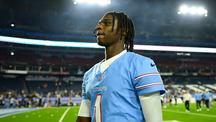 Aug 23, 2026; Nashville, Tennessee, USA;  Tennessee Titans quarterback Cam Ward (1) walks off the field post game against the Seattle Seahawks at Nissan Stadium.  Mandatory Credit: Steve Roberts-Imagn Images