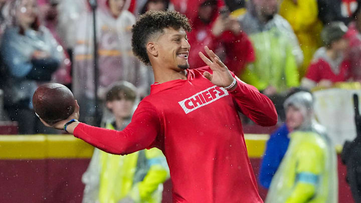 Nov 4, 2024; Kansas City, Missouri, USA; Kansas City Chiefs quarterback Patrick Mahomes (15) warms up against the Tampa Bay Buccaneers prior to a game at GEHA Field at Arrowhead Stadium. Mandatory Credit: Denny Medley-Imagn Images