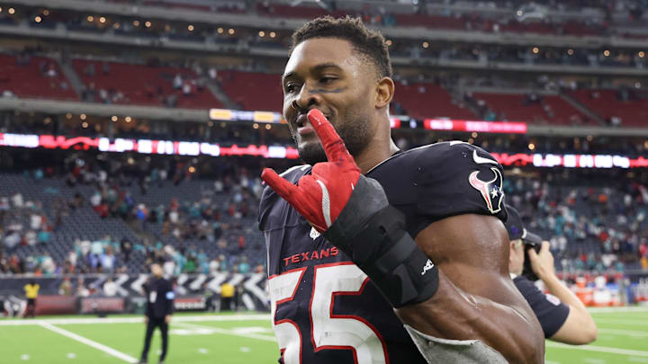 Dec 15, 2024; Houston, Texas, USA;  Houston Texans defensive end Danielle Hunter (55) reacts after a game against the Miami Dolphins at NRG Stadium. Mandatory Credit: Thomas Shea-Imagn Images