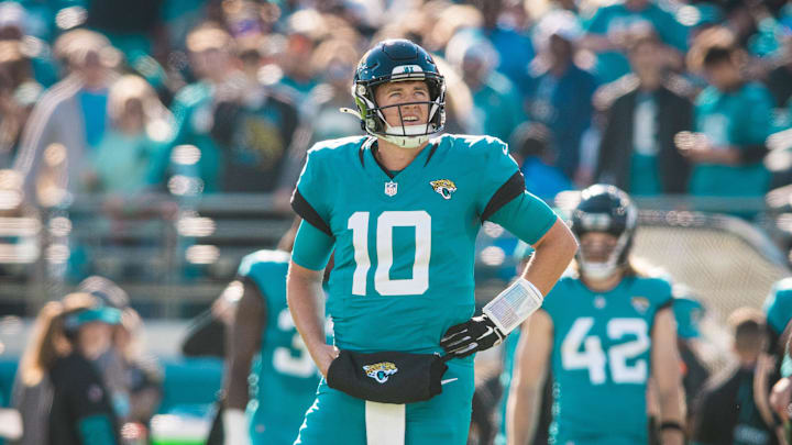 Dec 1, 2024; Jacksonville, Florida, USA; Jacksonville Jaguars quarterback Mac Jones (10) looks on during the second quarter against the Houston Texans at EverBank Stadium. Mandatory Credit: Jeremy Reper-Imagn Images