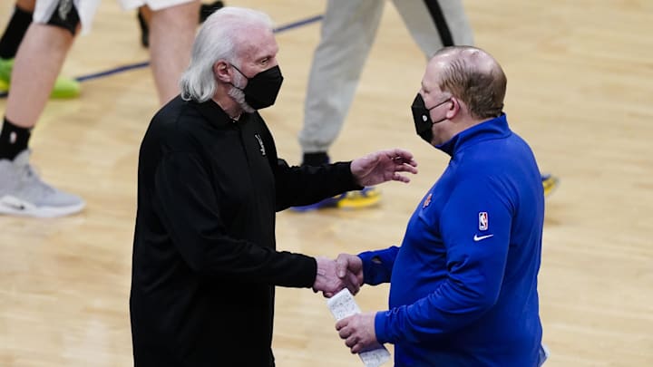 May 13, 2021; New York, New York, USA; San Antonio Spurs head coach Gregg Popovich (left) shakes hands with New York Knicks head coach Tom Thibodeau (right) after the game at Madison Square Garden. Mandatory Credit: Frank Franklin II/POOL PHOTOS-Imagn Images