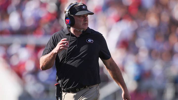 Oct 18, 2025; Athens, Georgia, USA;  Georgia Bulldogs head coach Kirby Smart during the first quarter of the game against the Mississippi Rebels at Sanford Stadium. Mandatory Credit: Brett Davis-Imagn Images