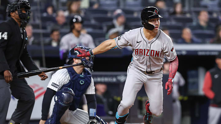 Apr 1, 2025; Bronx, New York, USA;  Arizona Diamondbacks right fielder Corbin Carroll (7) hits a two-run home run in the third inning against the New York Yankees at Yankee Stadium. Mandatory Credit: Wendell Cruz-Imagn Images